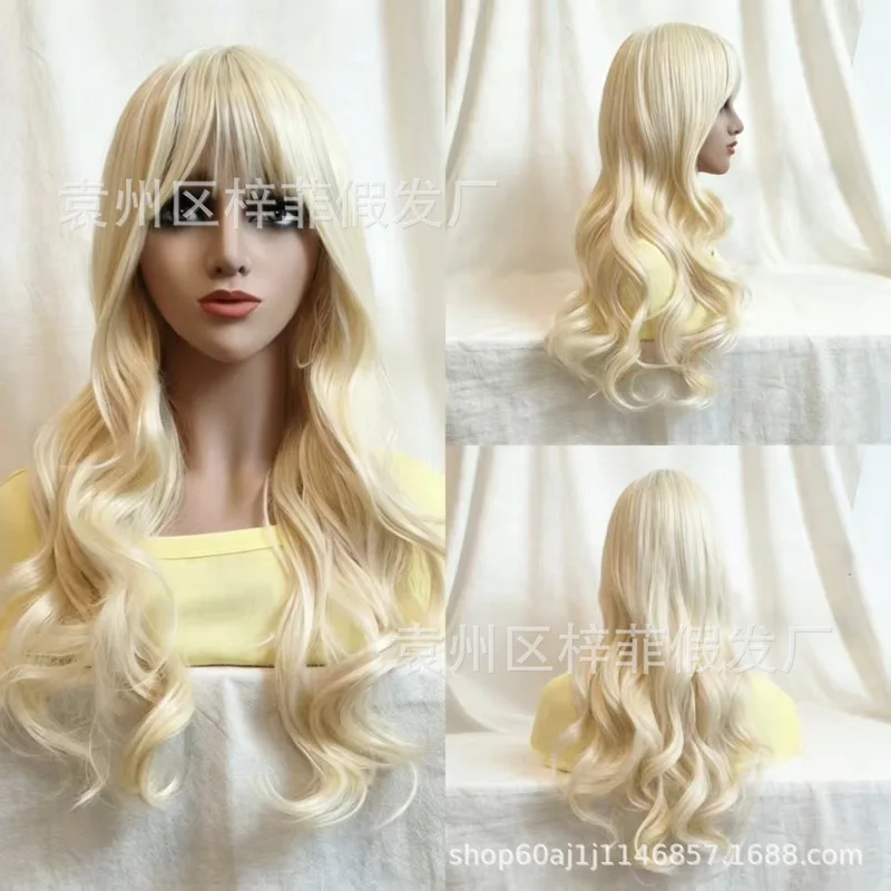 Wig with air bangs, long curly hair, full head cover, off-white long wavy hair