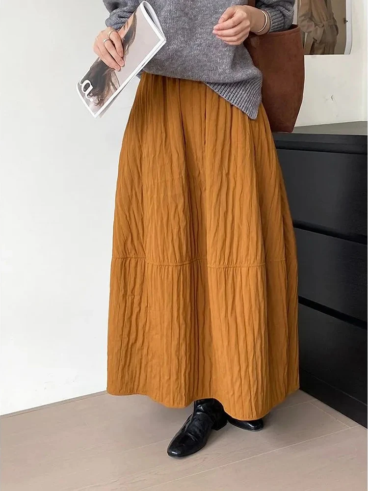 

Vintage Folds Long Skirt Women High Waist Loose Casual Harajuku Bud Skirts Autumn Winter Retro New Solid Simple Streetwear Skirt