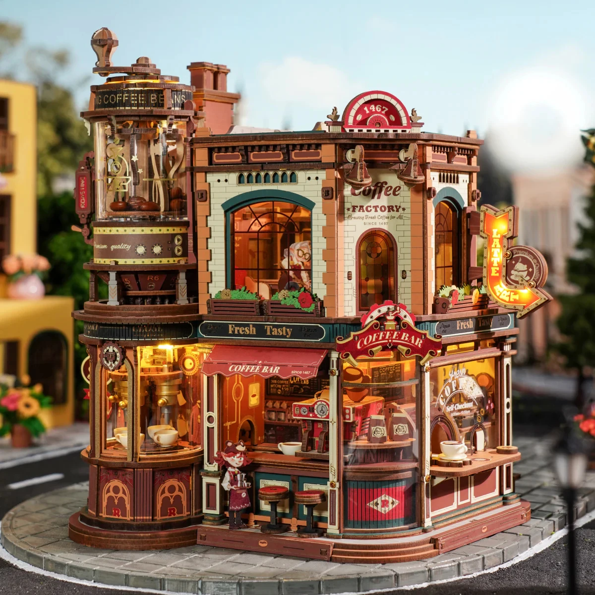 ROBOTIME Koffiefabriek Kinetisch Mechanisch Model 3D Houten Puzzelset voor Volwassenen, Handgemaakte DIY Bouwset, Sfeervolle Huisdecoratie, Verjaardagscadeau