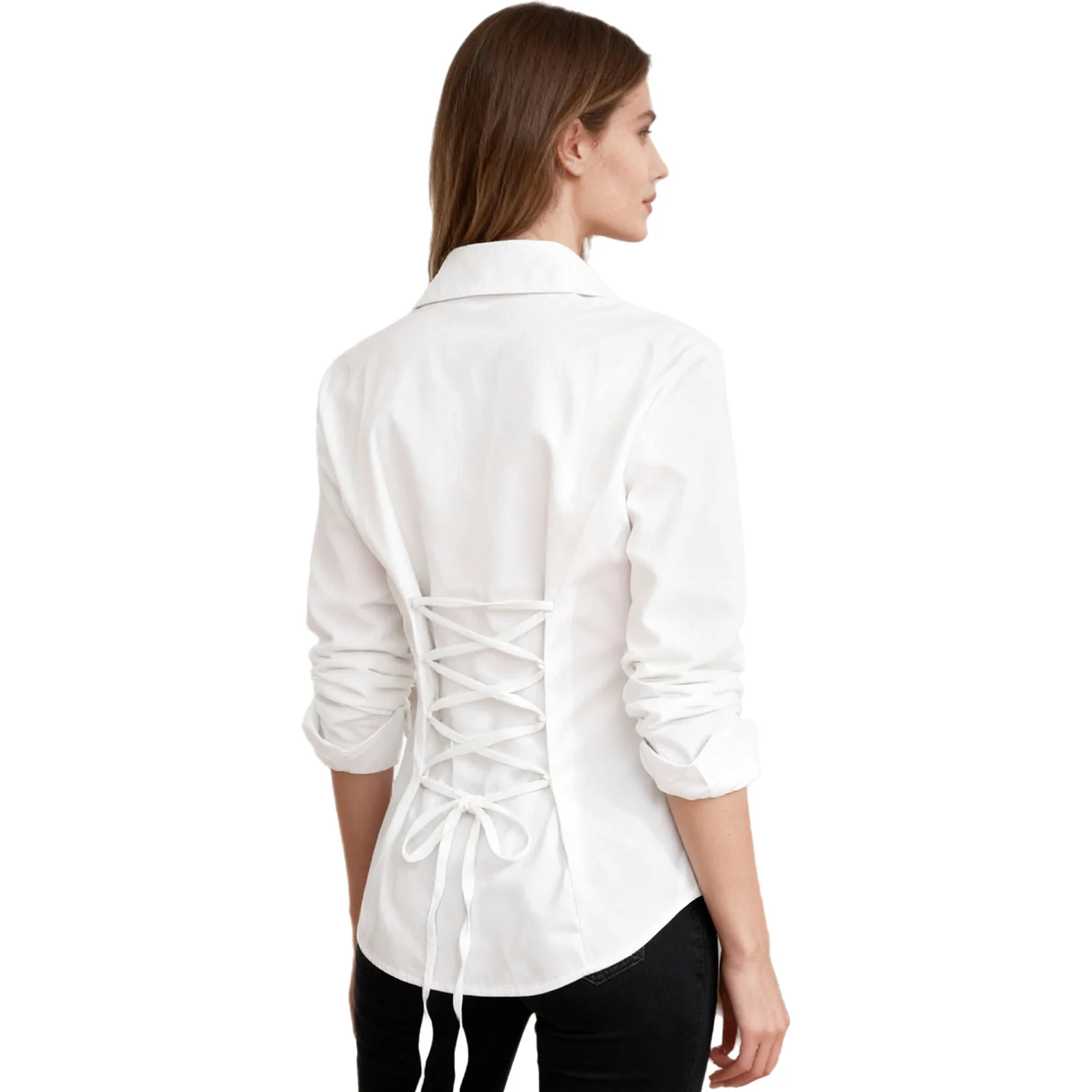Camisas femininas ol camisa de manga longa lapela botão para baixo blusa femme rendas voltar magro básico topos trabalho de negócios roupas femininas do escritório