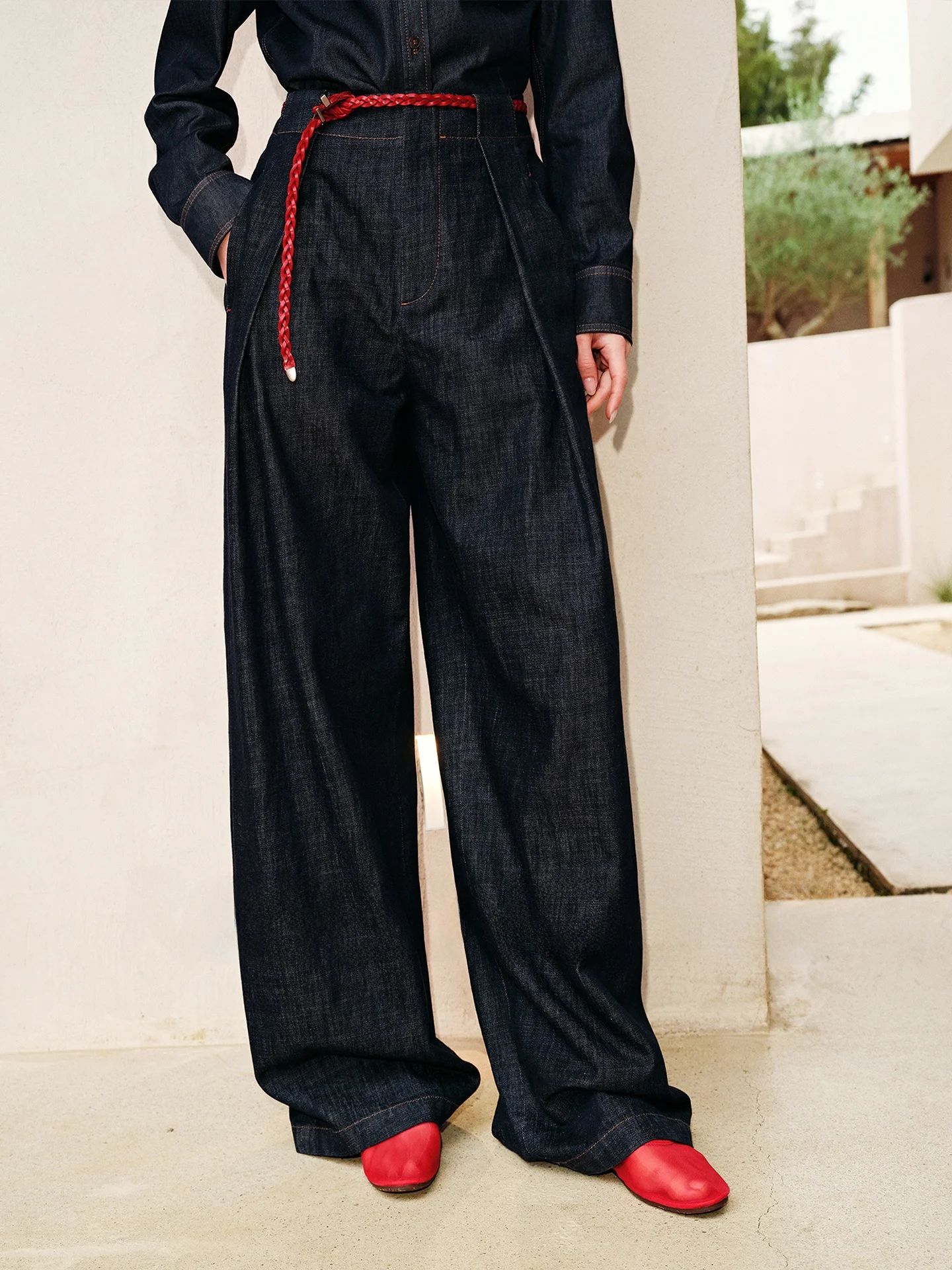 

RoseLingLing R-Spirit Loose Wide Leg Pants Active Dyeing Symmetrical Pleat Proc Original Blue High Waist Cotton Blend