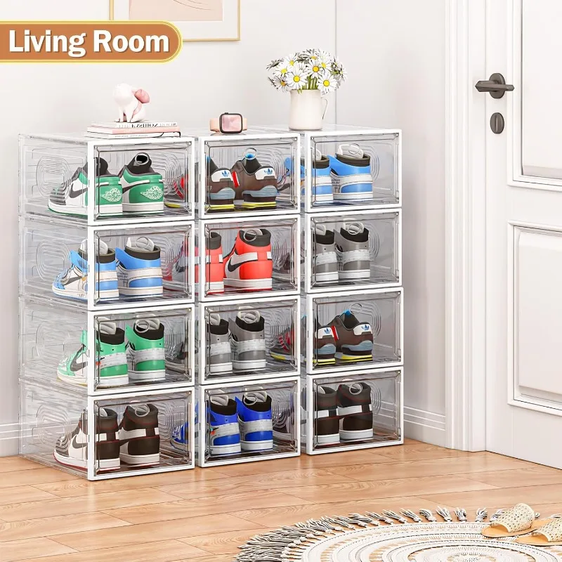 10 Pack Shoe Organizer, Upgrade Sturdy Shoe Boxes Stackable Shoe Storage Containers with Magnetic Door