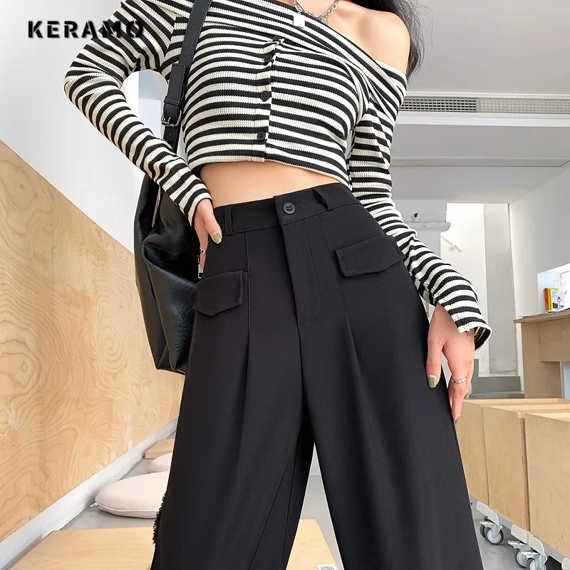 

Women Casual Fashion Loose Wide Leg Basics Full Length Trousers 2024 Autumn Winter Office Lady Style Solid High Waist Suit Pants