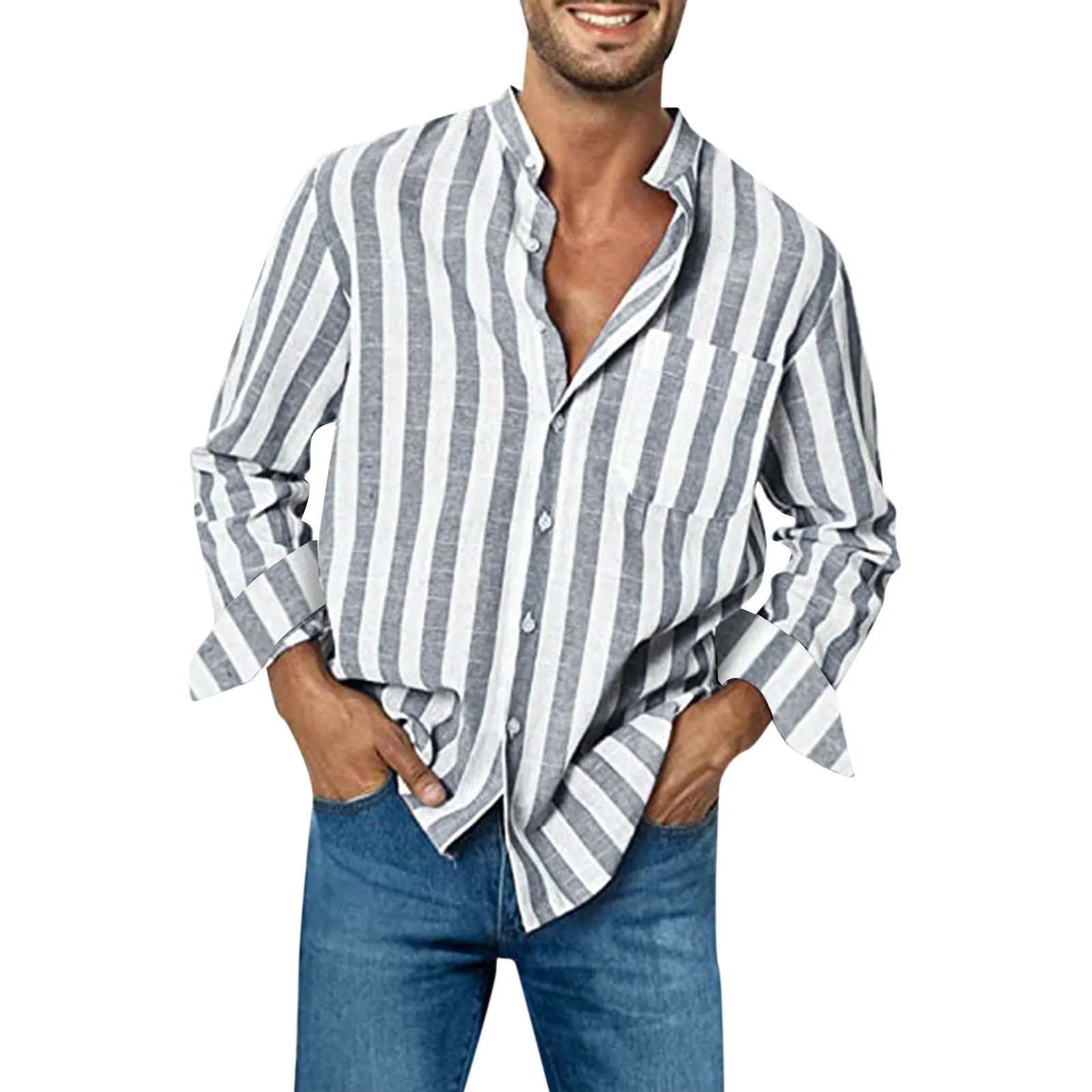 Plus Size Men Shirt Long Sleeve Loose High Elasticity Casual Dress-Up Stripe Printed Striped Shirts Linen Casual Buckle Top Male