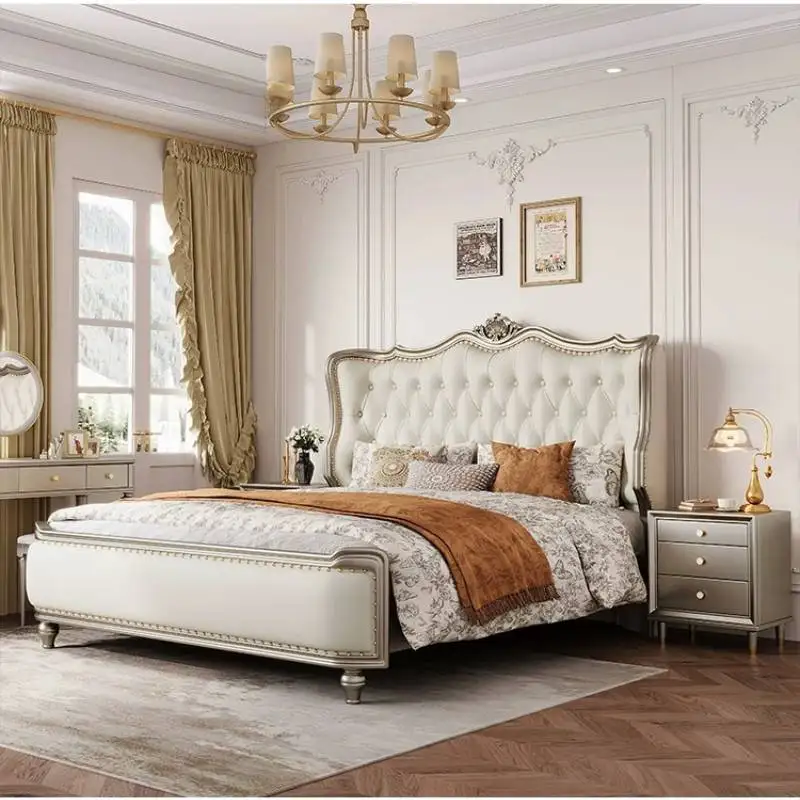 European Silver Double Bed Elegant White Designs Italian Wooden Double Bed Modern Style Luxury Letto Matrimoniale Furniture Home