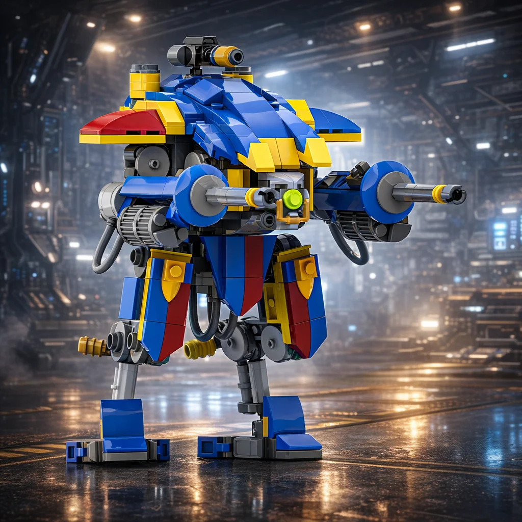 

Creative Blue Knight Combat Robot Construction Set Twin Cannon Bipedal Mech Building Bricks Desktop Ornament