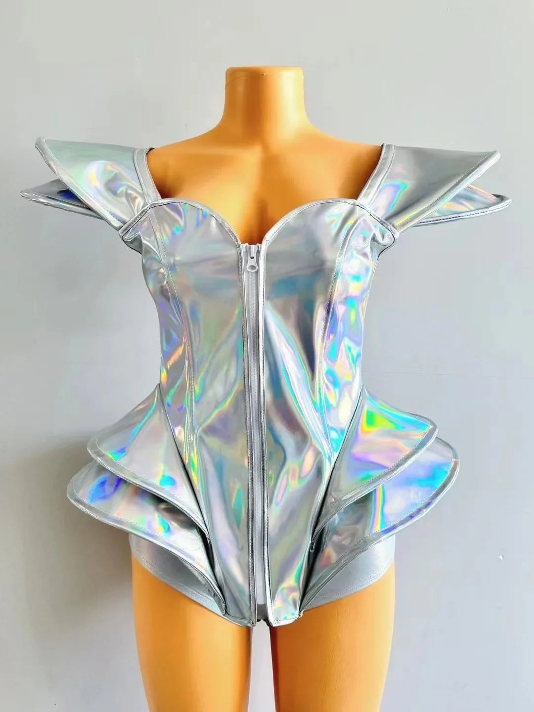 Show girl costume Luxury Party OutfitLaser Patent Leather Shoulders Bodysuit Evening Party dresses drag costume gogo sexy festiv