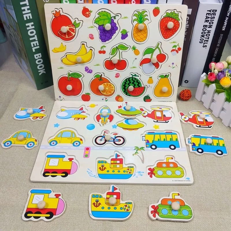 1PCS Baby Toys Child Gift Montessori Wooden Puzzle Hand Grab Board Educational Wood Puzzles for Kids Cartoon Animal Vehicle