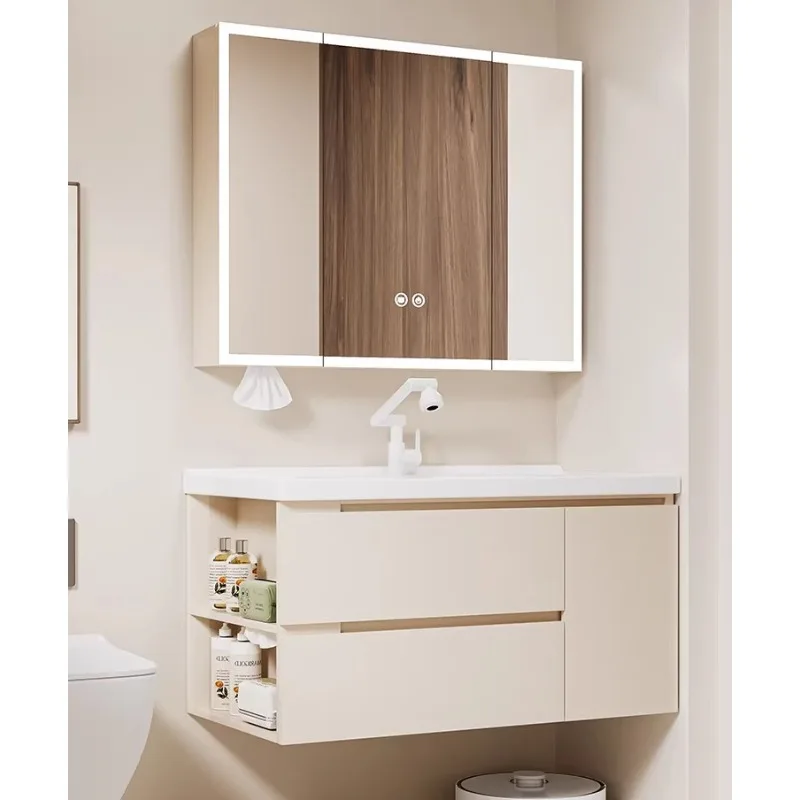 Cream wind honeycomb aluminum alloy bathroom cabinet side storage ceramic integrated face wash basin cabinet combination