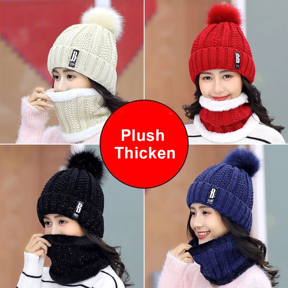 Winter Knitted Scarf Hat Set Thick Warm Skullies Beanies Hats for Women Solid Outdoor Snow Riding Ski Bonnet Caps Girl