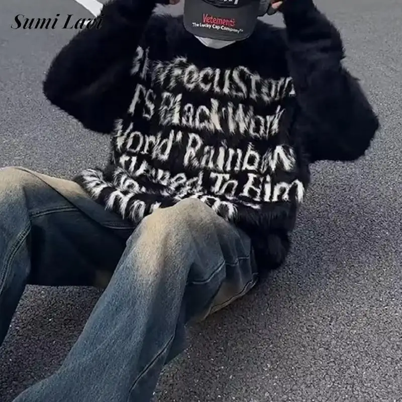 

Повседневный вязаный пуловер с длинным рукавом и круглым вырезом, мужские осенне-зимние винтажные вязаные свитера с надписью, мужские пушистые уютные флисовые толстовки