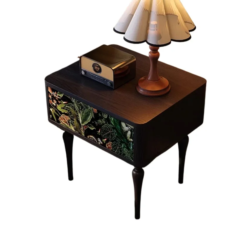 

Black solid wood bedside table, French retro master bedroom high-end ash wood bedside storage locker