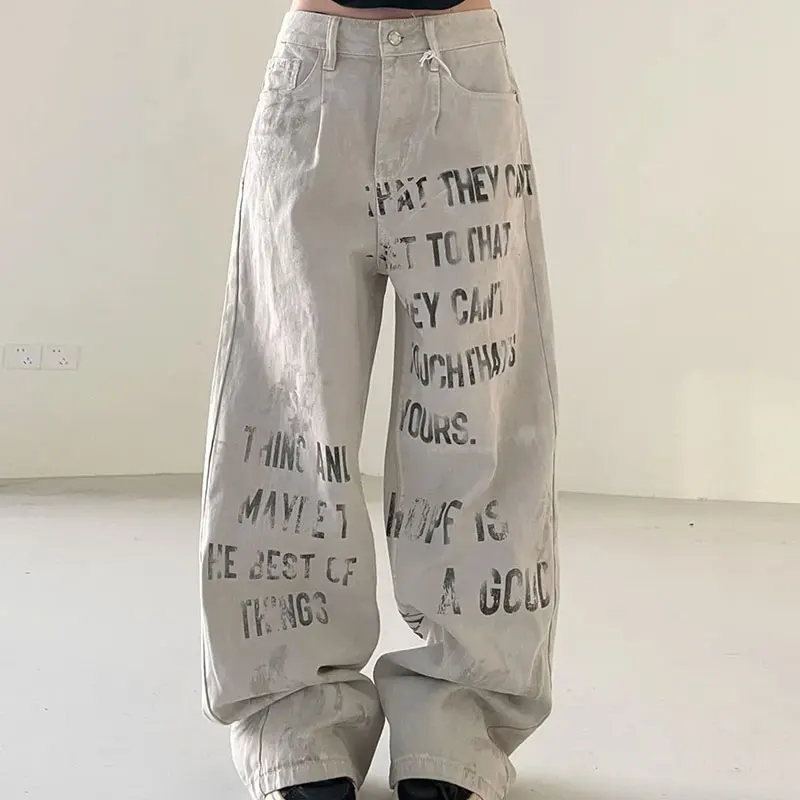 Female Clothing Vintage Letter Printed Trousers Wide Leg Loose High Street Light Wash Denim Pants Aesthetic Streetwear Jeans New