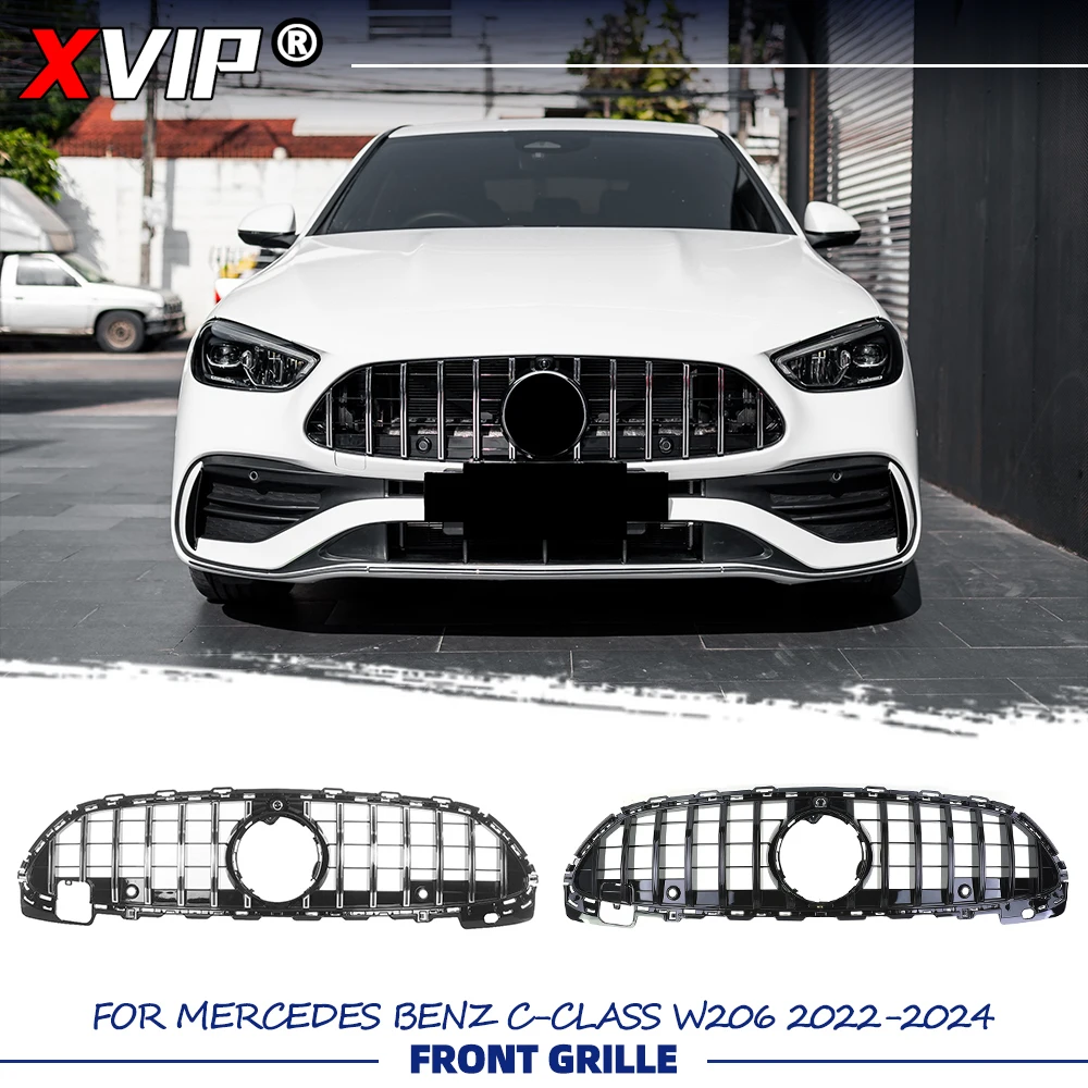 

Глянцевая черная решетка переднего бампера в стиле GTR с хромированной серебристой верхней решеткой для Mercedes-Benz C-Class W206 2022-24 C200 C300 C43