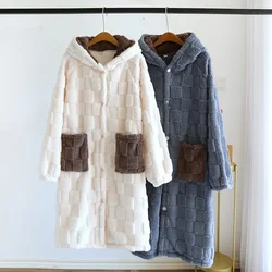 2024 Autumn/Winter New Couple Coral Fleece Nightgown Pajamas for Men and Women Long Thickened Flannel Hooded Home Fur