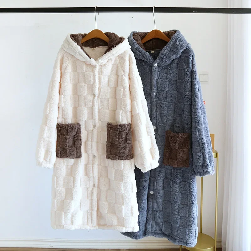 2024 Autumn/Winter New Couple Coral Fleece Nightgown Pajamas for Men and Women Long Thickened Flannel Hooded Home Fur