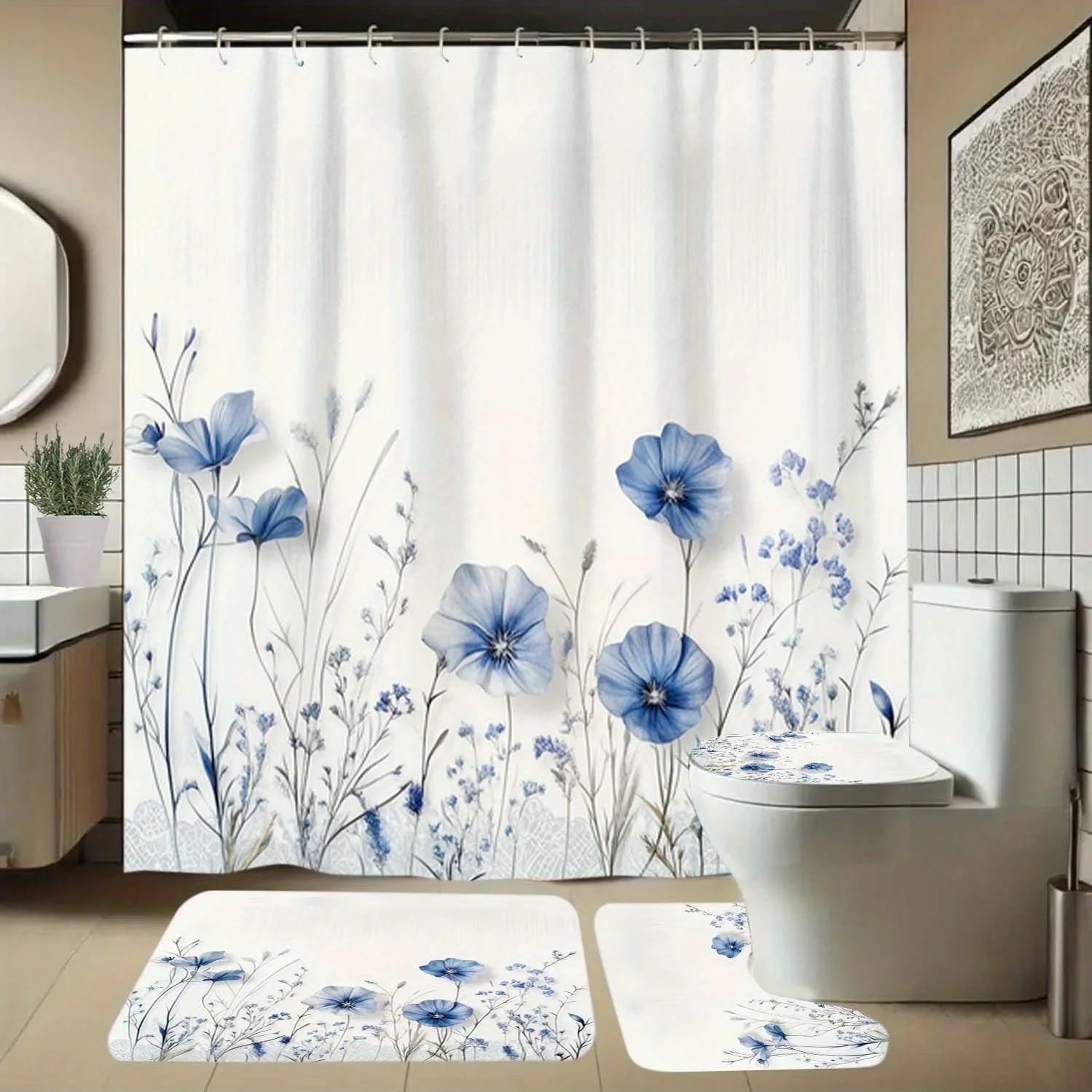 

4-Pack Blue Floral Plant Pattern Shower Curtains with Hooks, Bathroom Divider Curtains, Home Decor, Machine Washable
