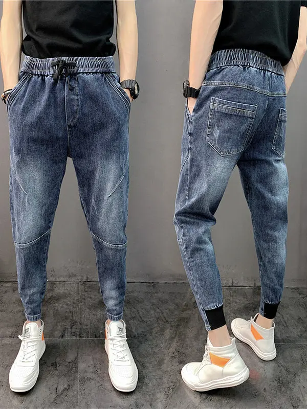 

Мужские джинсы Slim Fit из денима, синие, модные, в стиле «гарлен», длиной до щиколотки, весна-осень, новинка, с декоративной строчкой, повседневные джинсы