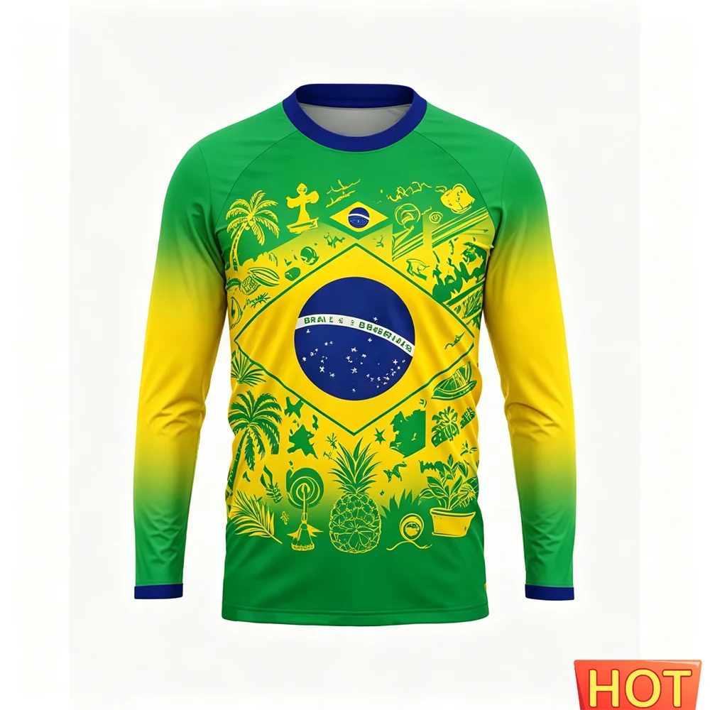 Summer and autumn men's long sleeved T-shirt Brazilian elemental pattern football jersey Cotton breathable round neck jersey top