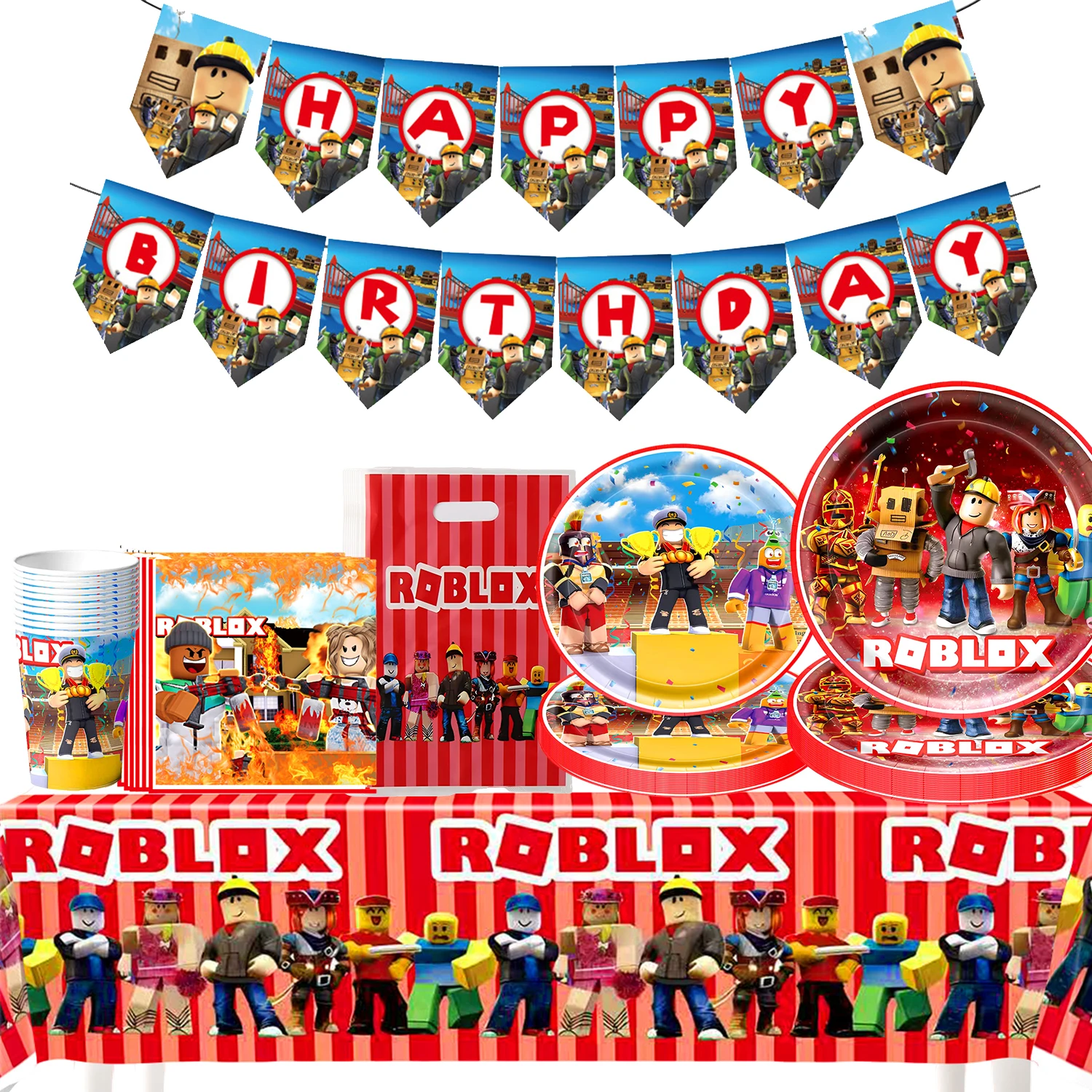 Roblox Verjaardagsfeestje Thema Decoraties Roblox Game wegwerpborden kopjes banner Tafelkleed Stro set voor babyshowerbenodigdheden