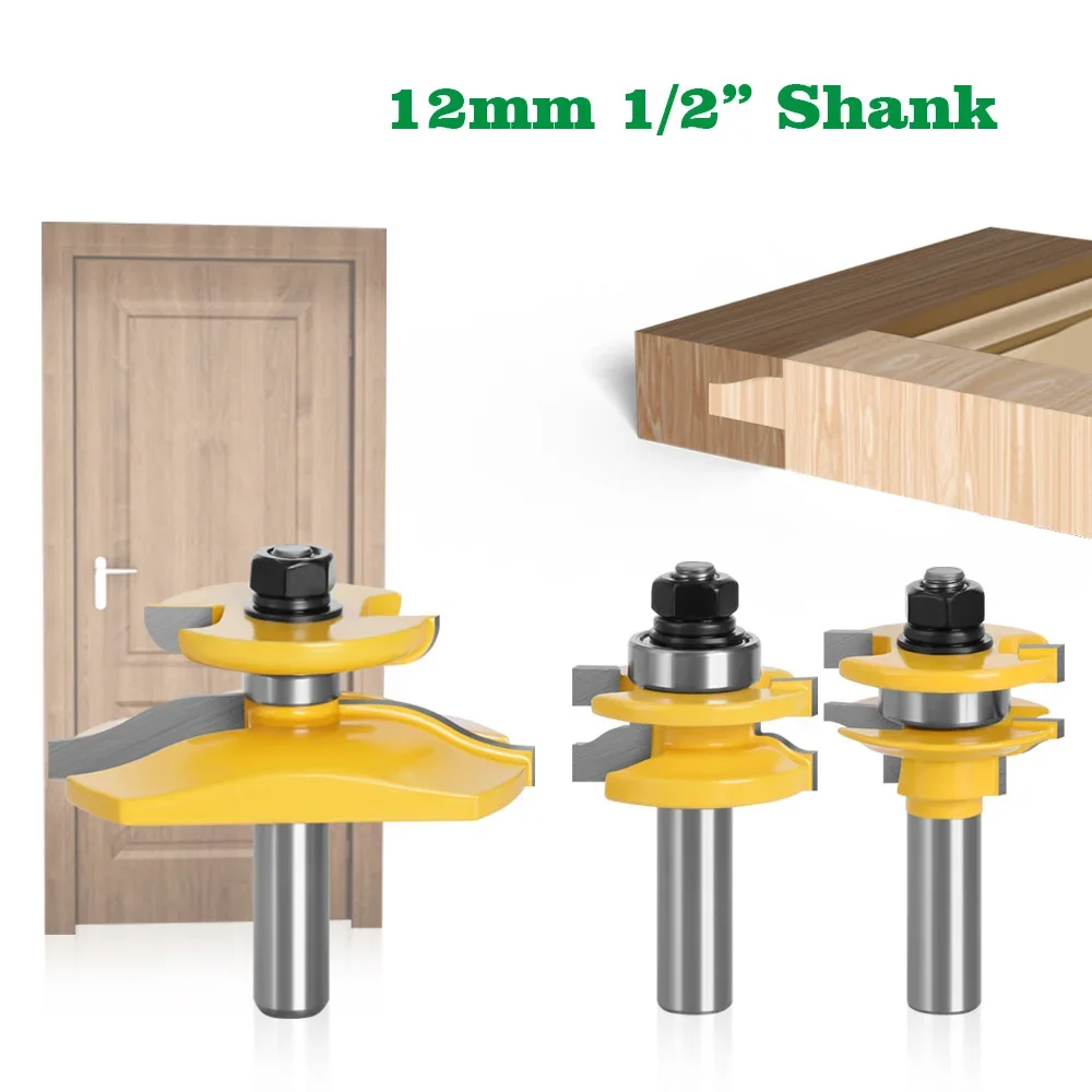 3PC 1/2" 12.7MM 12MM Shank Milling Cutter Wood Carving Ogee Rail & Stile Backcutter Router Bit Panel Raiser Wood Set Tenon Bits