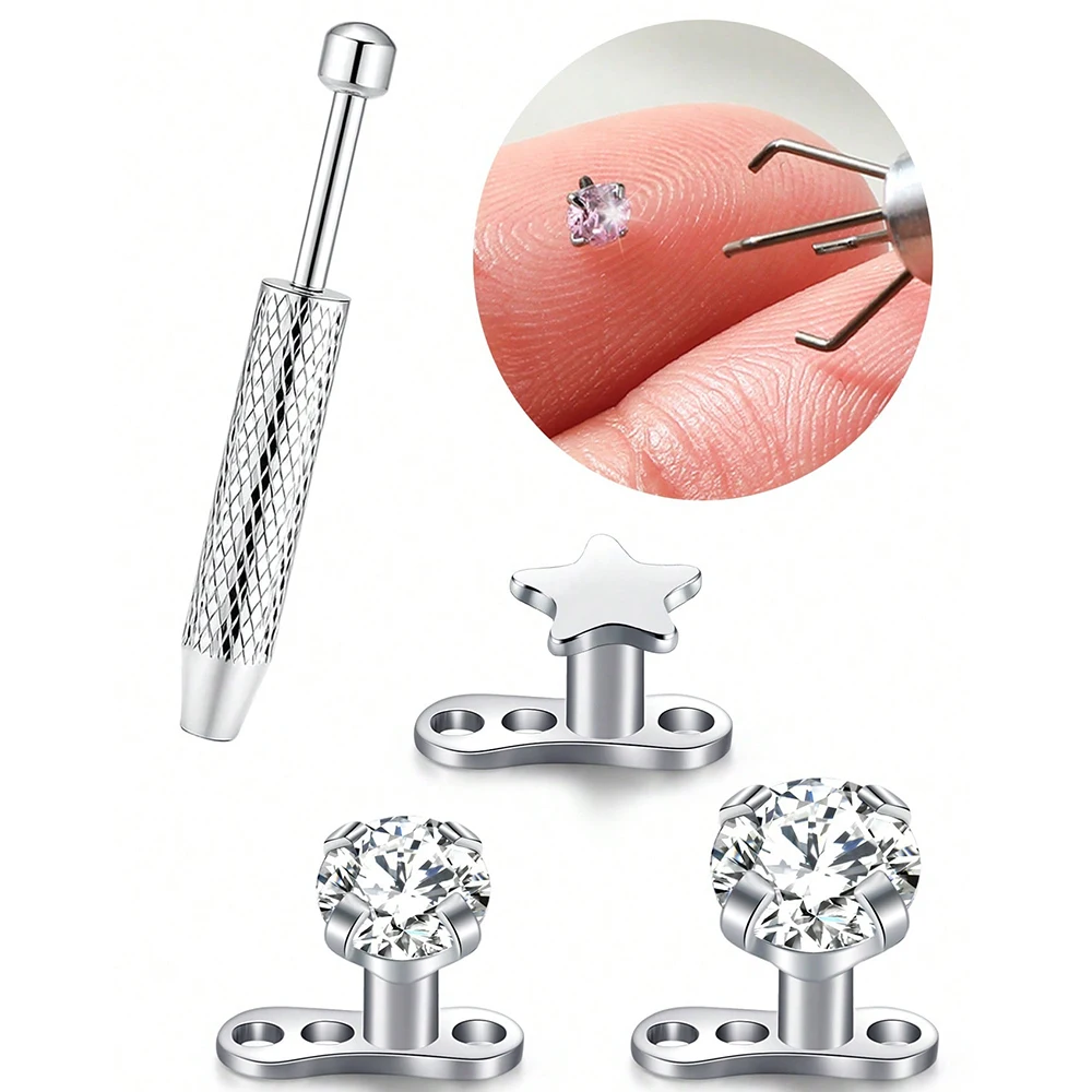 Perno de ancla dérmica con cono, joyería de perforación microdermica de piel de acero inoxidable, ancla dérmica de circonita cúbica de estilo minimalista