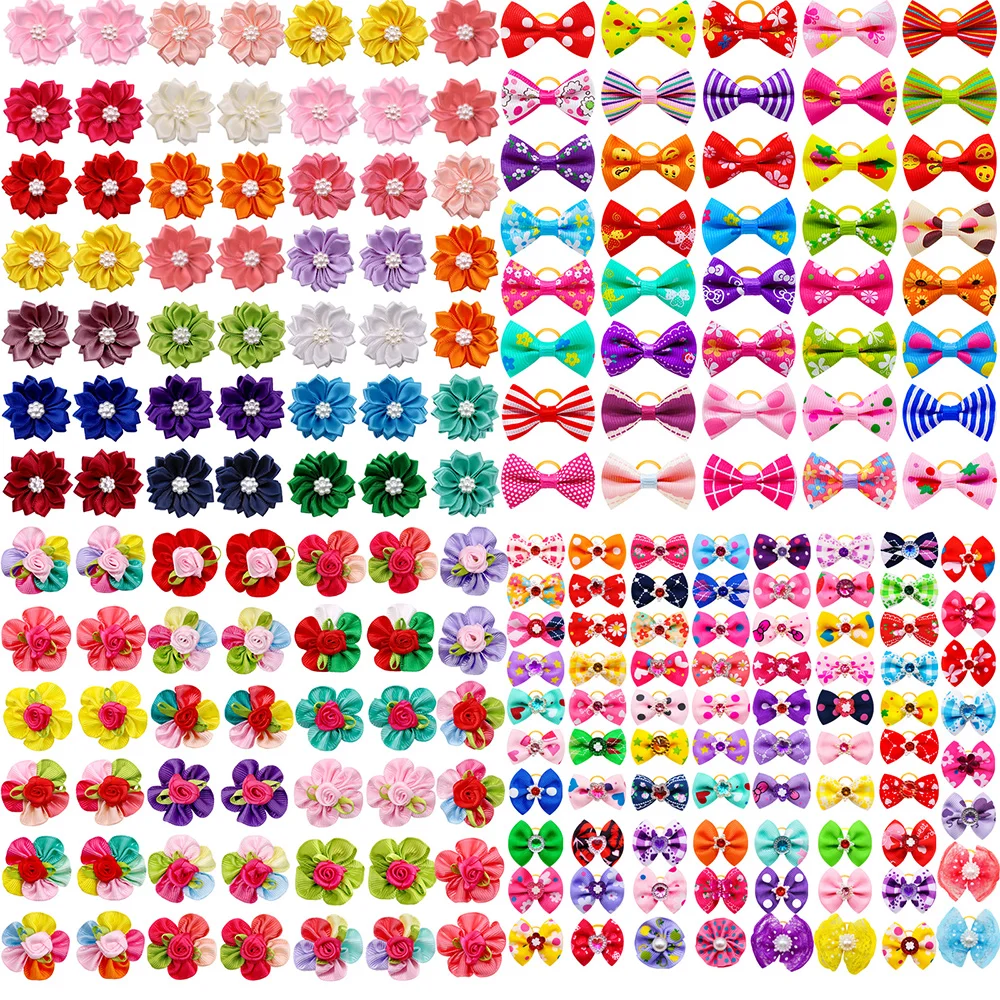 

200PCS Small Dog Bows With Rubber Bands Wholesale Dog Bowknots Handmade Diamonds Multi-style Puppy Hair Accessories For Dogs