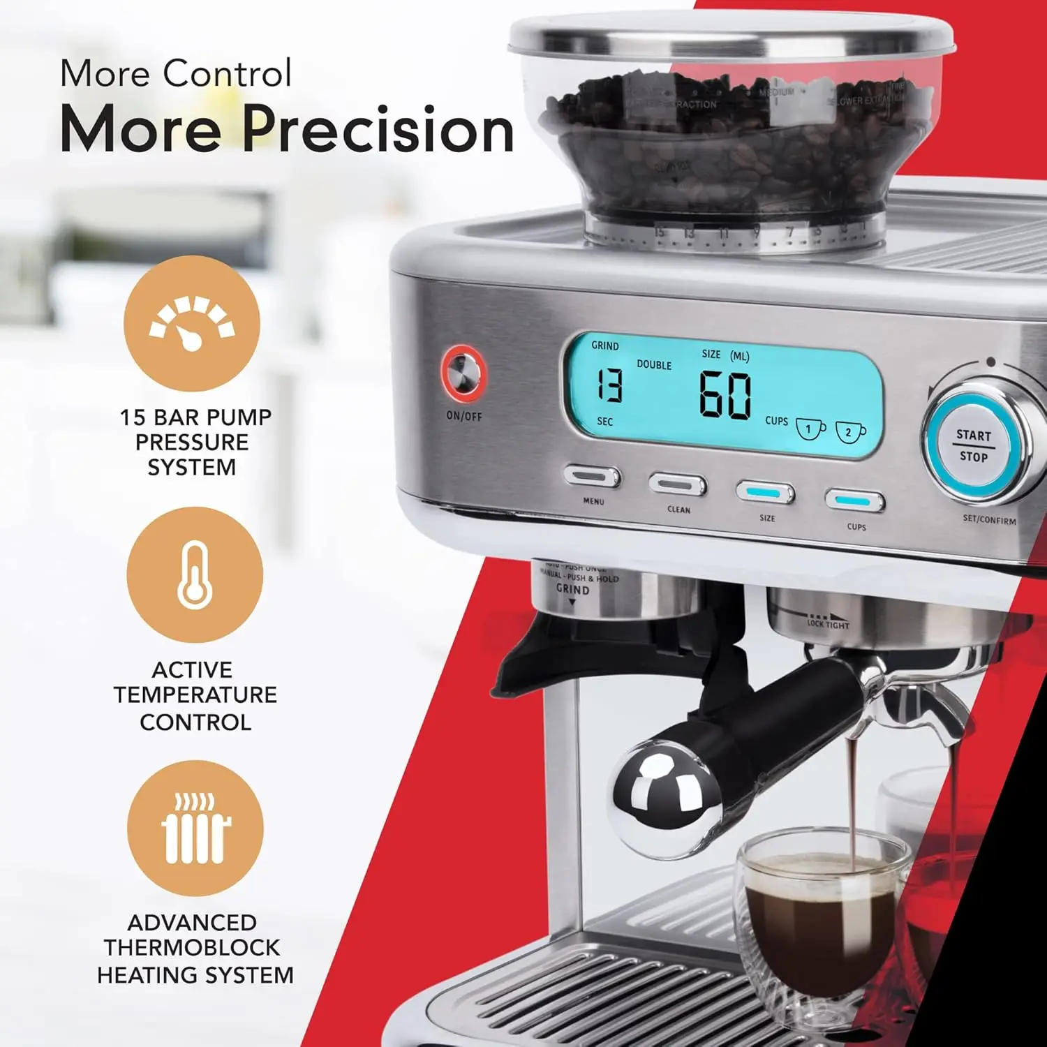 Espresso Machine with Grinder, LCD Display and Steamer - Ready To Go In 60 Sec - 15-Bar Latte a