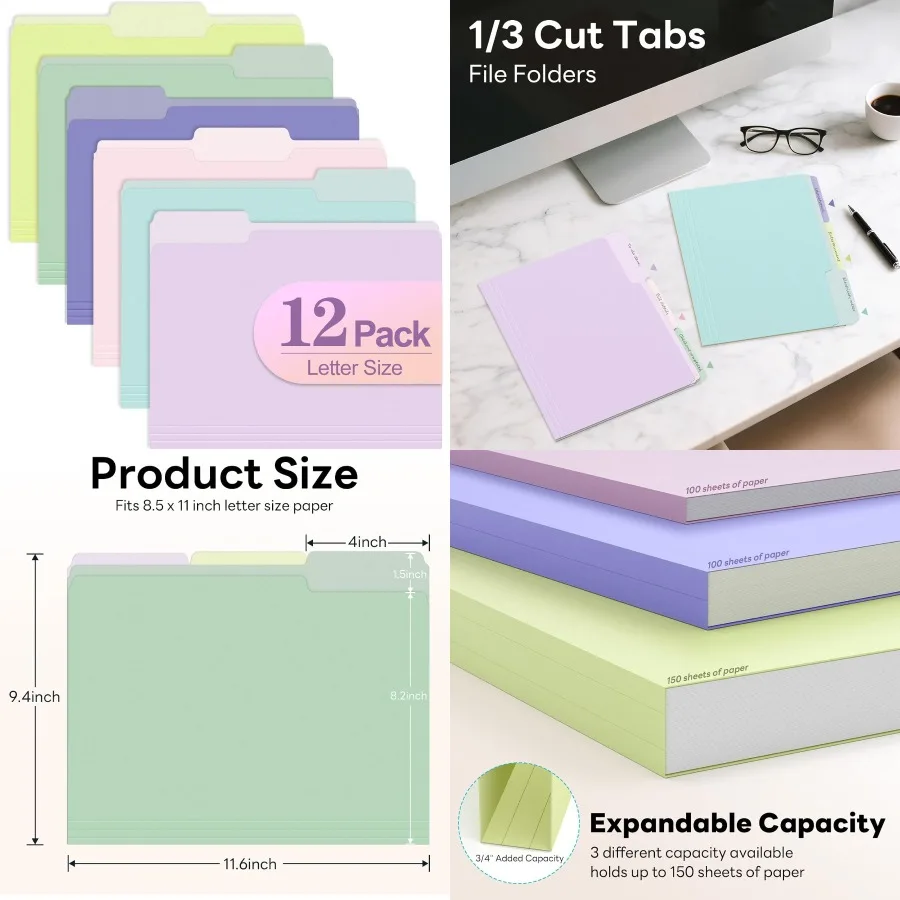 

Набор цветных папок для файлов Piasoenc из 12 1/3 папок размером букв для 8,5 x 11 документов, файлов в ассортименте, 6 цветов, напильники для