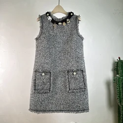 2026 Autumn Winter Sleeveless Vest Tweed Loose Dress New High Quality Women O Neck Gray Tassel Beading Straight A Line Vestidos