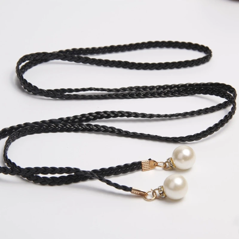 Vintage Bohemian Knot Thin Belt Women Elegant Pearl Elastic Braided Waistband Female Summer Seaside Dress Decorative Waist Rope