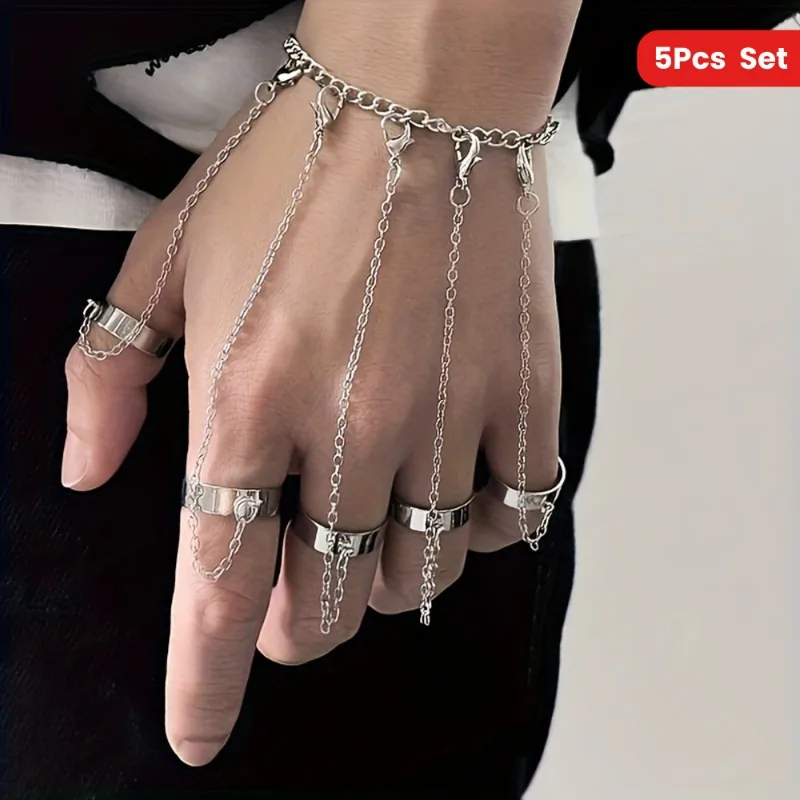 Moda anel de dedo pulseira para homens e mulheres anel de banda aberta ajustável com corrente de conexão na moda hip hop estilo rua jóias