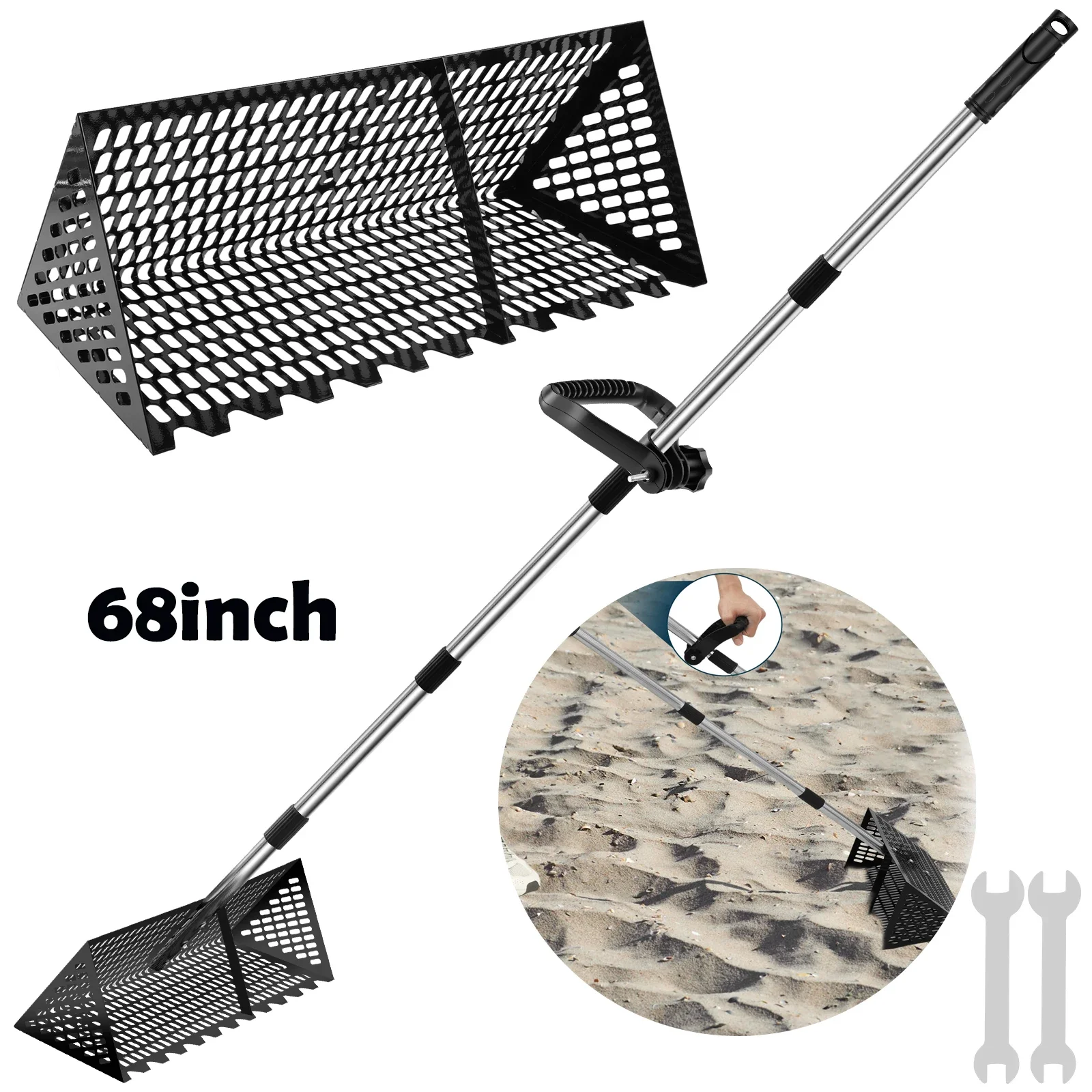 

Sand Fleas Rake Stainless Steel Sand Sifter Detachable 52/68inch Long Handle Collapsible Shark Tooth Sifter for Beach Sand Crab