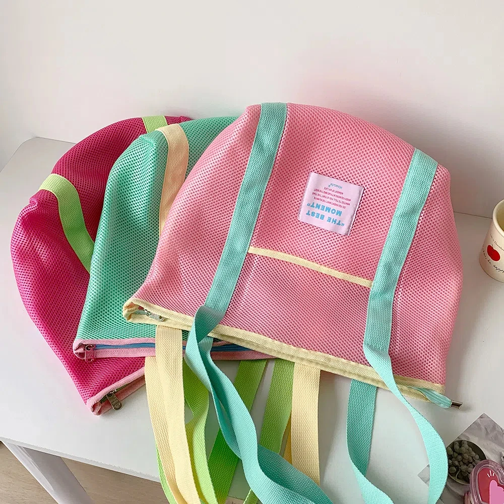 حقيبة كتف شبكية ملونة، حقيبة تدريس للطلاب، حقيبة تسوق شبكية خفيفة الوزن، حقيبة يد شبكية محمولة للنساء #4