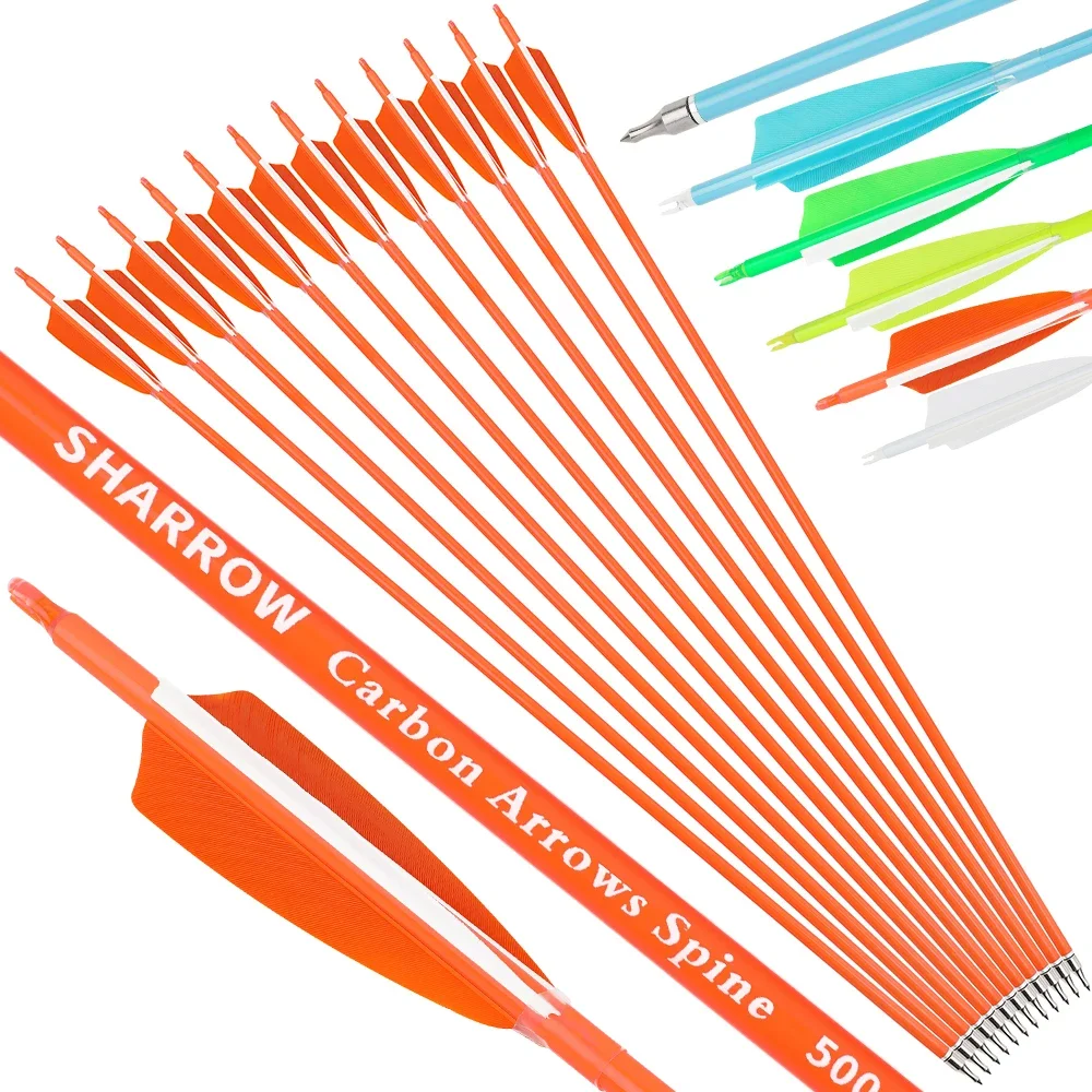 6/12pcs 30 Inch Mixed Carbon Arrow Spine 500 600 4 Inch Natural Feather 100 Grain Point for Compound Recurve Bow Archery
