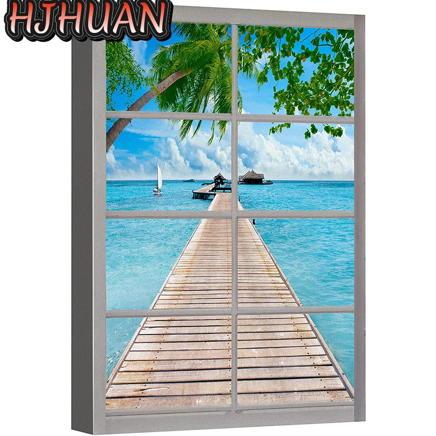 5D Diy False window, sea view, wooden trestle scenery Diamond Painting Full Square/Round Diamond HD Quality Handmade Products