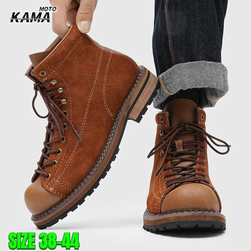 

Retro Tooling Boots Cycling Boots Men's Mid-help Autumn and Winter Leather Boots Locomotive Brown Trendy Shoes Botas Para Moto