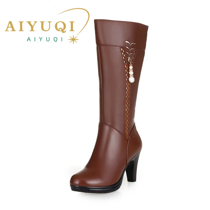 2024 Female winter shoes Women Genuine Leather High-heeled Boots Wool Lined Boots Fashion High Quality Motorcycle Boots