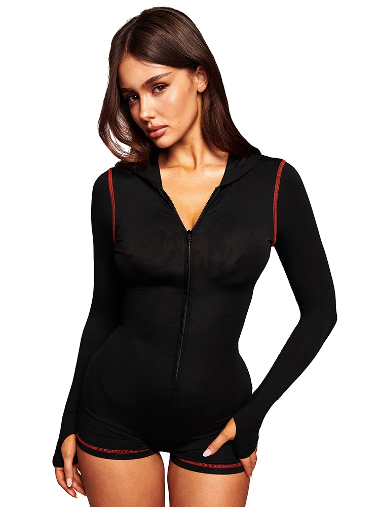 

Blifanbo V Neck Hooded Bodysuit Women Fashion Patchwork Solid Zipper Skinny Long Sleeve Sexy Bodysuits Female Elegant Rompers
