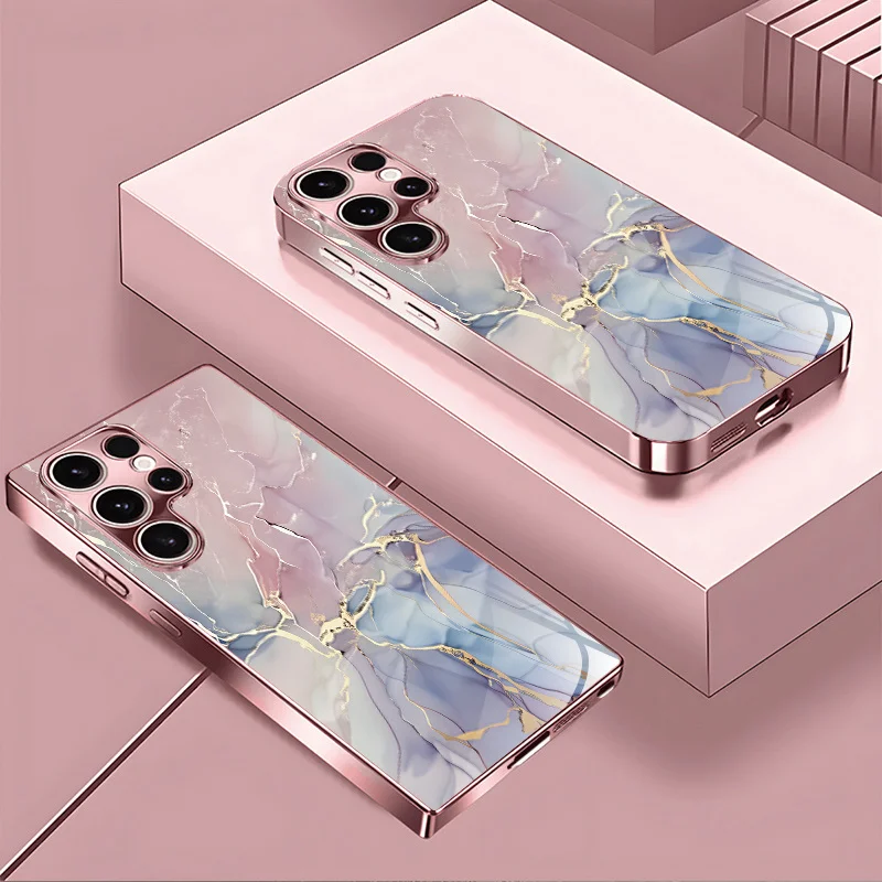 Marble patterned glass phone case suitable for Samsung Galaxy S26 S25 S24 S23 S22 S20 FE/Ultra/Plus anti drop back cover