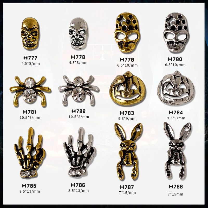 20Pcs/Lot Japanese New Metal Nail Art Jewelry Halloween Alloy Retro Diamond-studded Ghost Claw Ghost Face Skull Spider Nail Stic