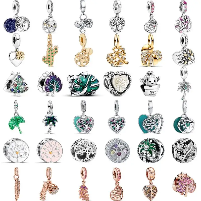 Nuevo colgante de plata 925 con forma de árbol genealógico de coco, corazón de Ginkgo, hojas, Cactus, cuentas verdes, compatible con pulsera Pantaro Original, joyería DIY
