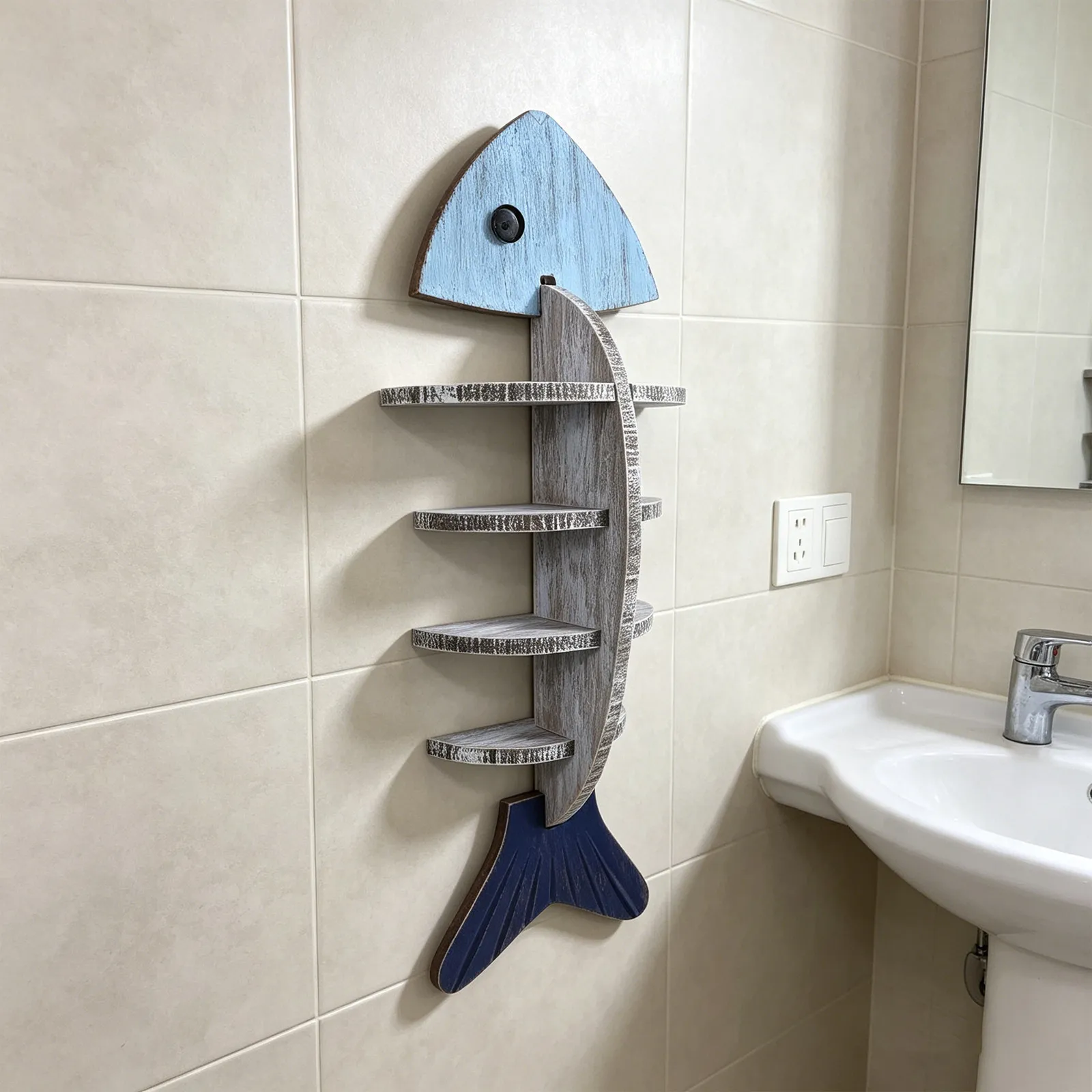 Fish-Shaped Wall Shelf Wooden Coastal Nautical Floating Display Rack Fishbone Design Organizer Shelf Bathroom Entryway