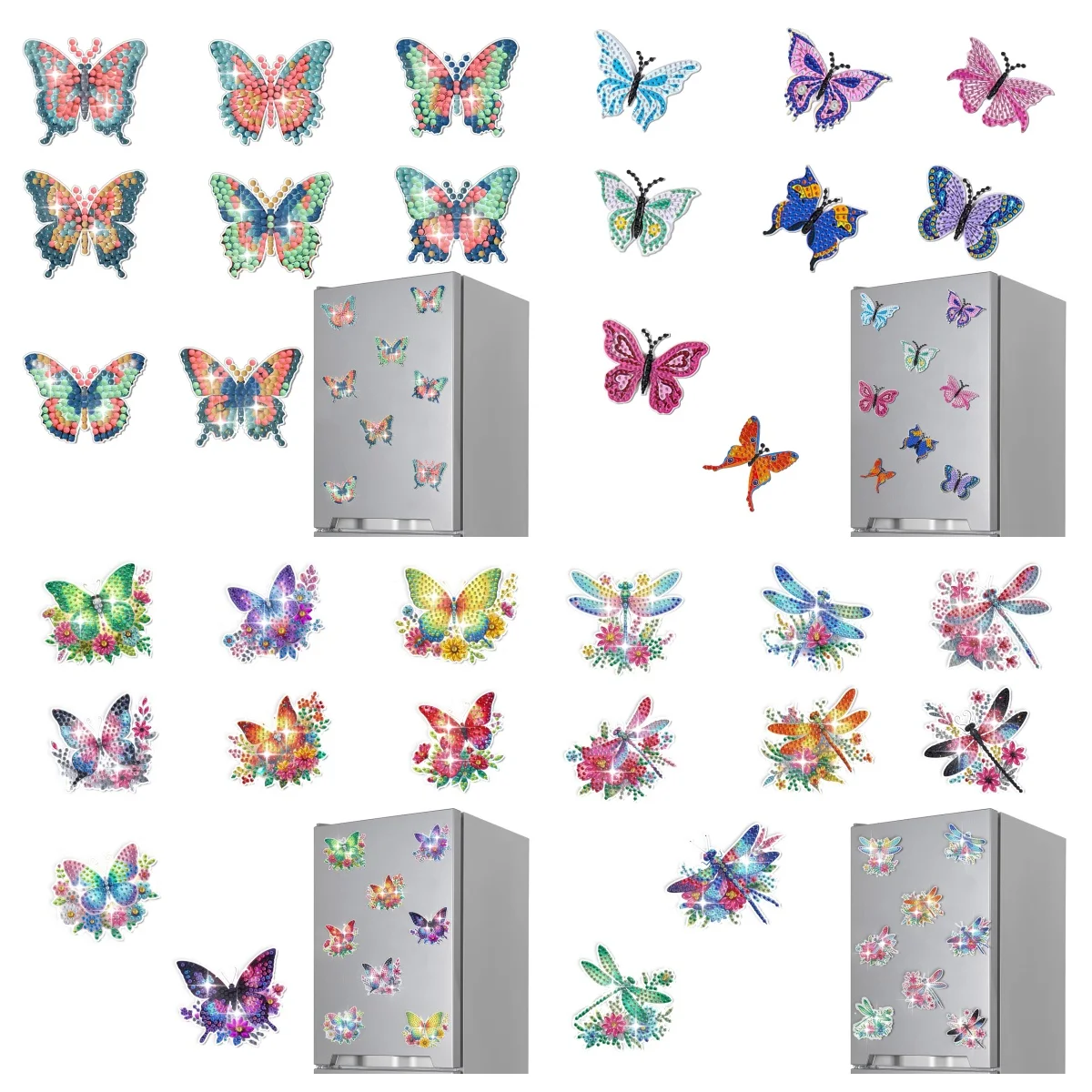 8 DIY Colorful Butterfly Pattern Design Diamond Painting Art Set Fridge Magnets, Magnetic Rods, and Storage Cabinets