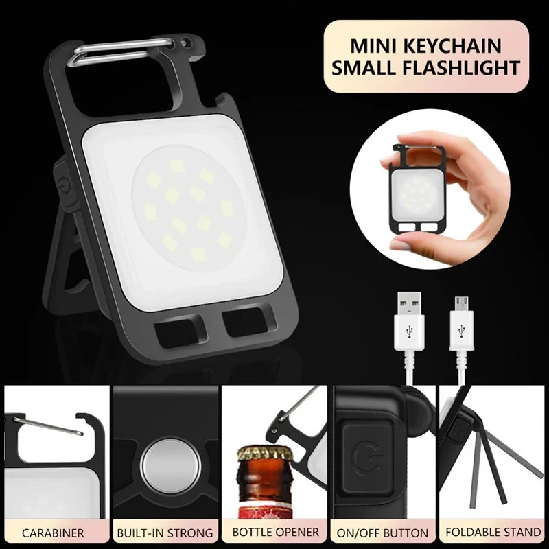 Mini Portable Multifunction Keychain Flashlight 4 Light Modes Built In Battery USB Rechargeable Strong Magnetic Work Light