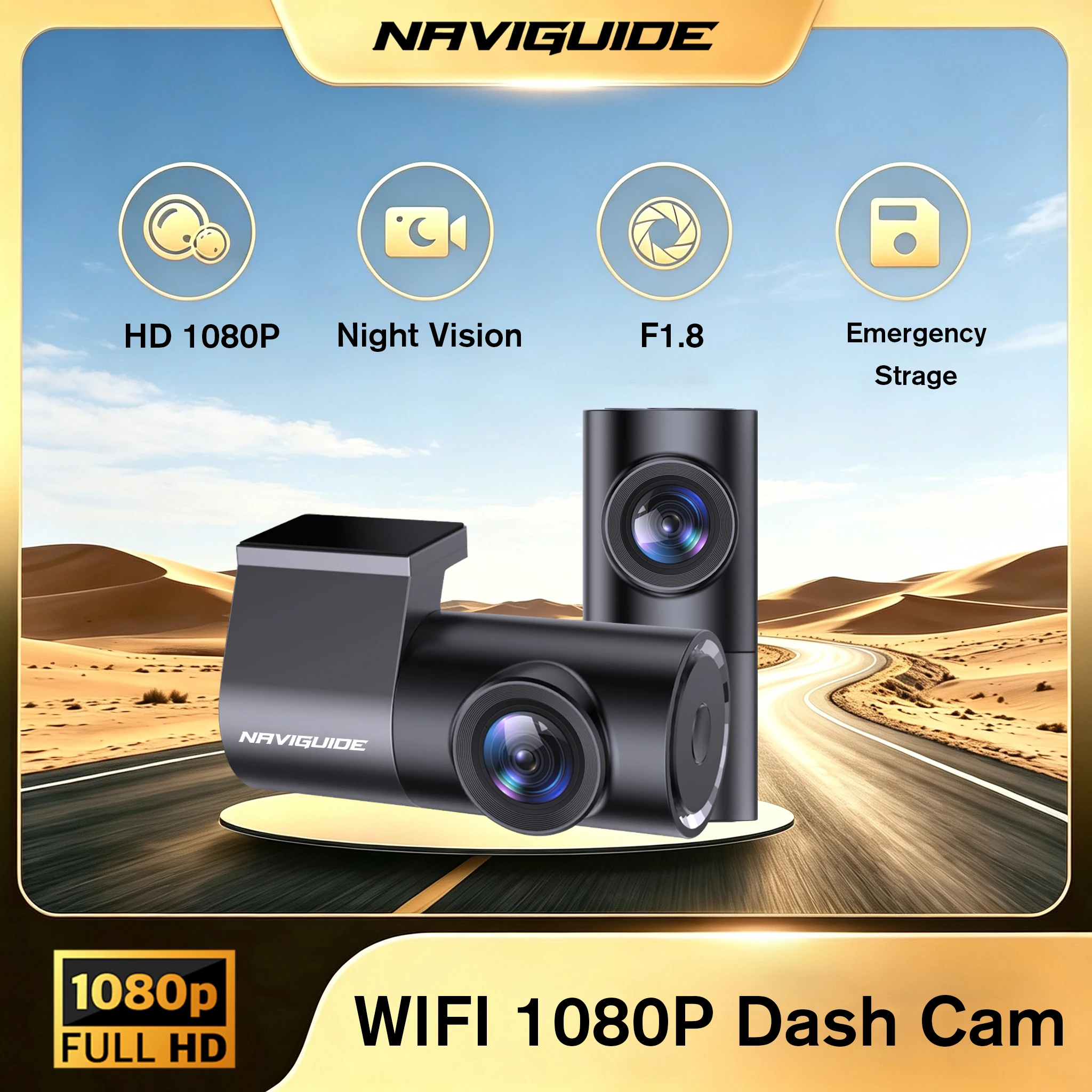 Cámara para Auto NAVIGUIDE 1080P WiFi: DVR Inteligente HD con Visión Nocturna, Control por Aplicación, Cámara Frontal con Conectividad WiFi