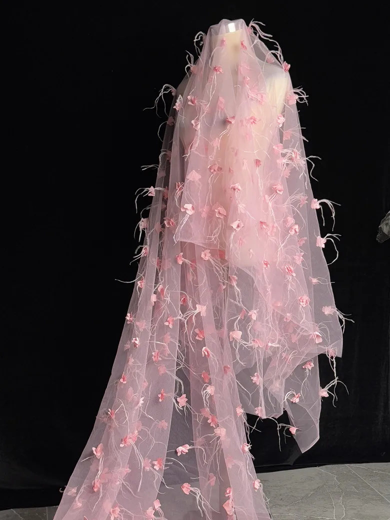 

1 yard Three dimensional feather flower embroidered mesh fabric Dress Wedding fabric for clothing