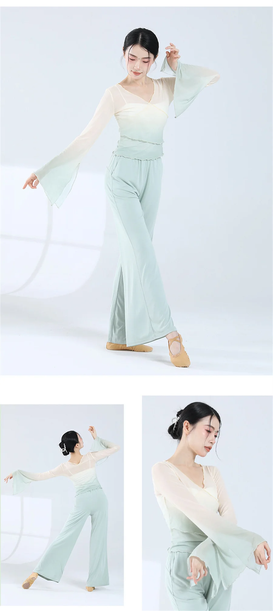 Klassischer Tanz, Mesh-Top, ausgestellte Ärmel, Farbverlaufsrampe, V-Ausschnitt, elegante Damen, moderner Tanz, durchsichtig, Eiskunstlauf-Ballett-Shirts – Detail 6