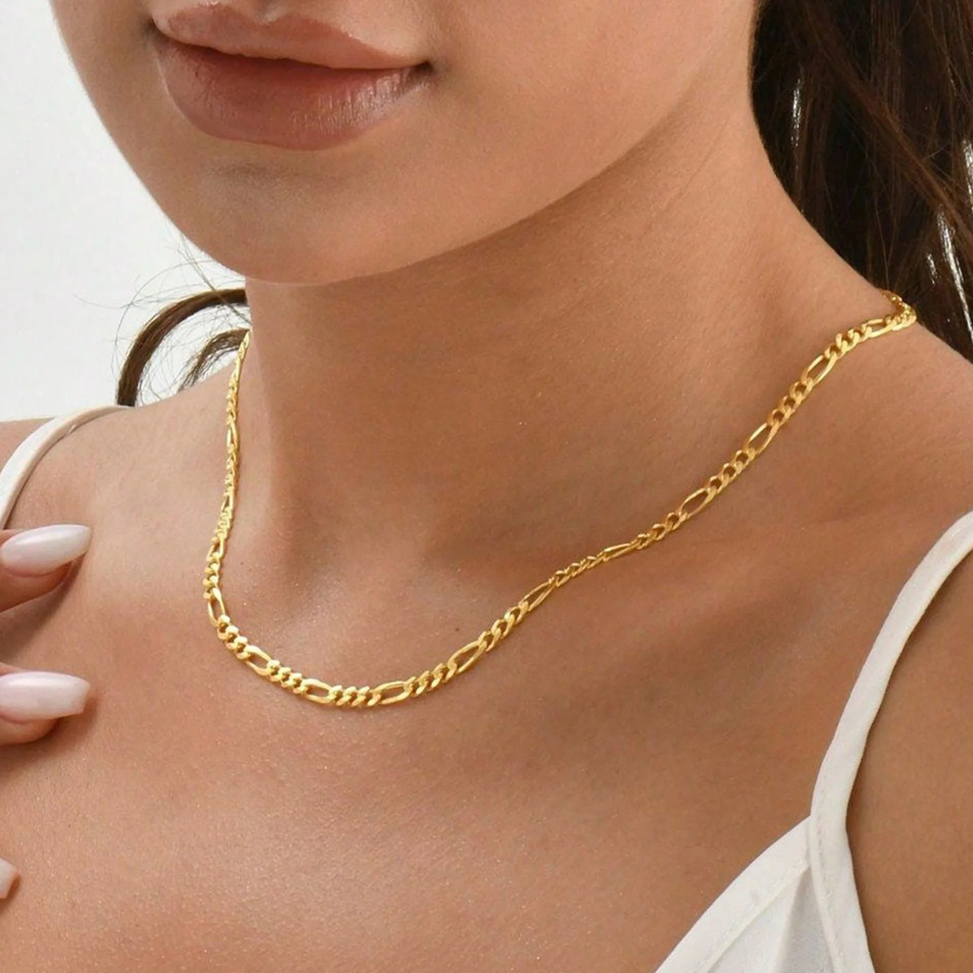 50+5cm extender Gold Chain Necklace Men 18K Gold Plated Stainless Steel Chunky Figaro Necklace for Women Men 20‘’