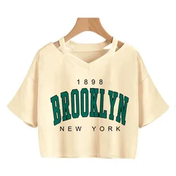2024 Y2k Brooklyn Letter Print Women T Shirt Harajuku Ullzang T Shirt Funny Graphic T-shirt Korean Style Casual Crop Tops Female